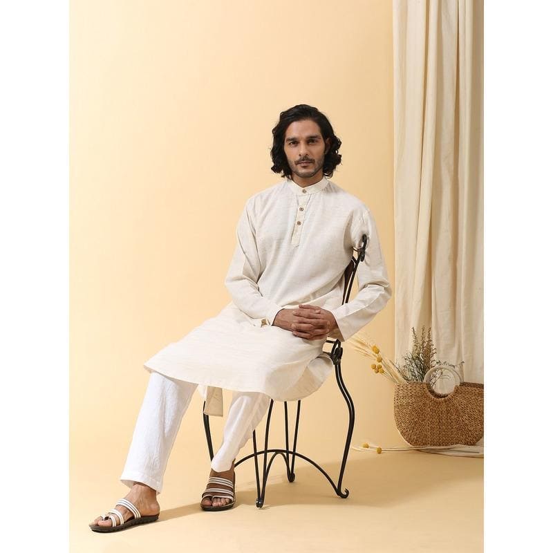 Men Long Kurta Set - White - Charkha TalesMen Long Kurta Set - White