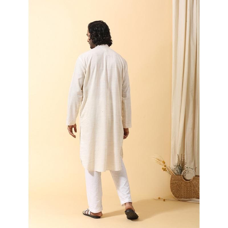 Men Long Kurta Set - White - Charkha TalesMen Long Kurta Set - White