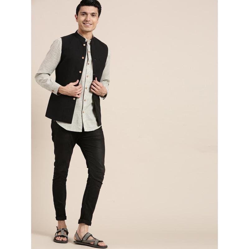 Men Nehru Jacket - Black - Charkha TalesMen Nehru Jacket - Black