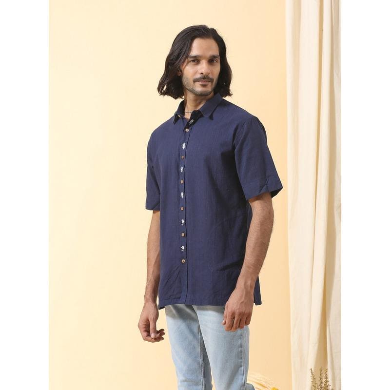 Men Shirt Embroidered - Navy Blue - Charkha TalesMen Shirt Embroidered - Navy Blue