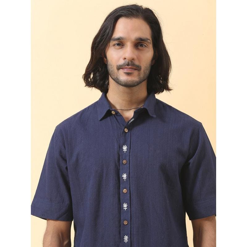 Men Shirt Embroidered - Navy Blue - Charkha TalesMen Shirt Embroidered - Navy Blue