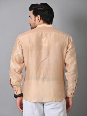 Men Silk Kataan Bandhej Shirt - Beige - Charkha TalesMen Silk Kataan Bandhej Shirt - Beige