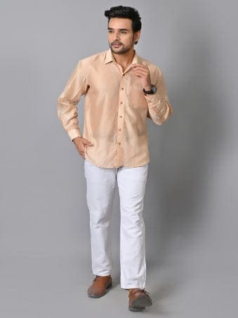 Men Silk Kataan Bandhej Shirt - Beige - Charkha TalesMen Silk Kataan Bandhej Shirt - Beige