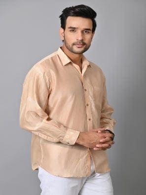 Men Silk Kataan Bandhej Shirt - Beige - Charkha TalesMen Silk Kataan Bandhej Shirt - Beige