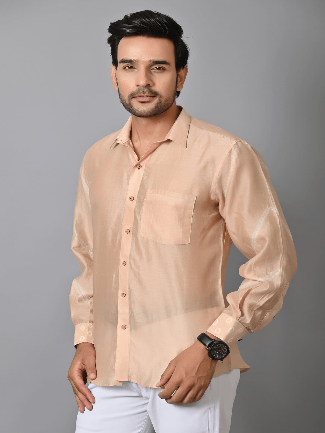 Men Silk Kataan Bandhej Shirt - Beige - Charkha TalesMen Silk Kataan Bandhej Shirt - Beige