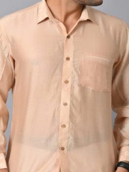 Men Silk Kataan Bandhej Shirt - Beige - Charkha TalesMen Silk Kataan Bandhej Shirt - Beige