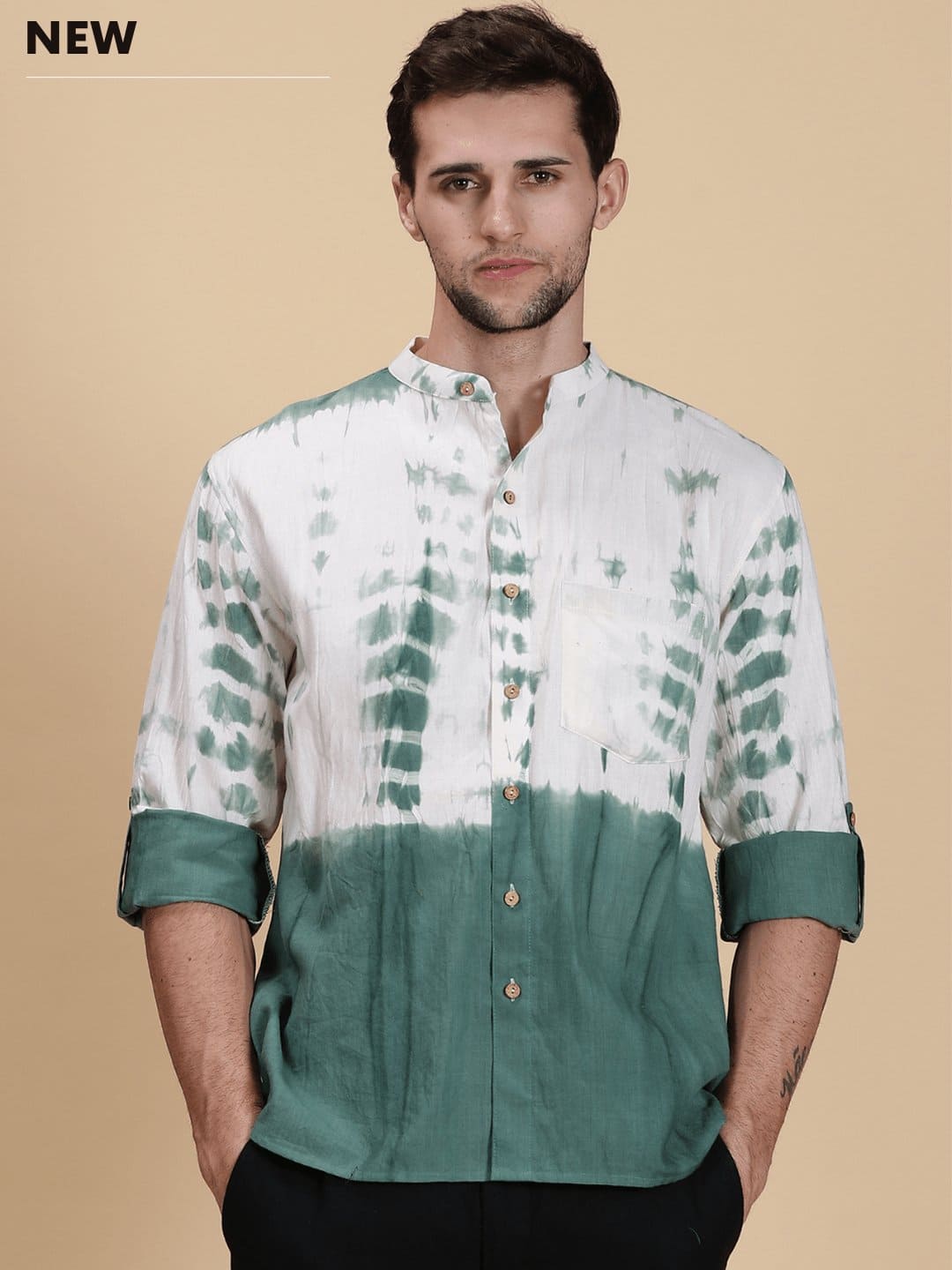 Men Tie Dye Cotton Shirt - Bottle Green - Charkha TalesMen Tie Dye Cotton Shirt - Bottle Green