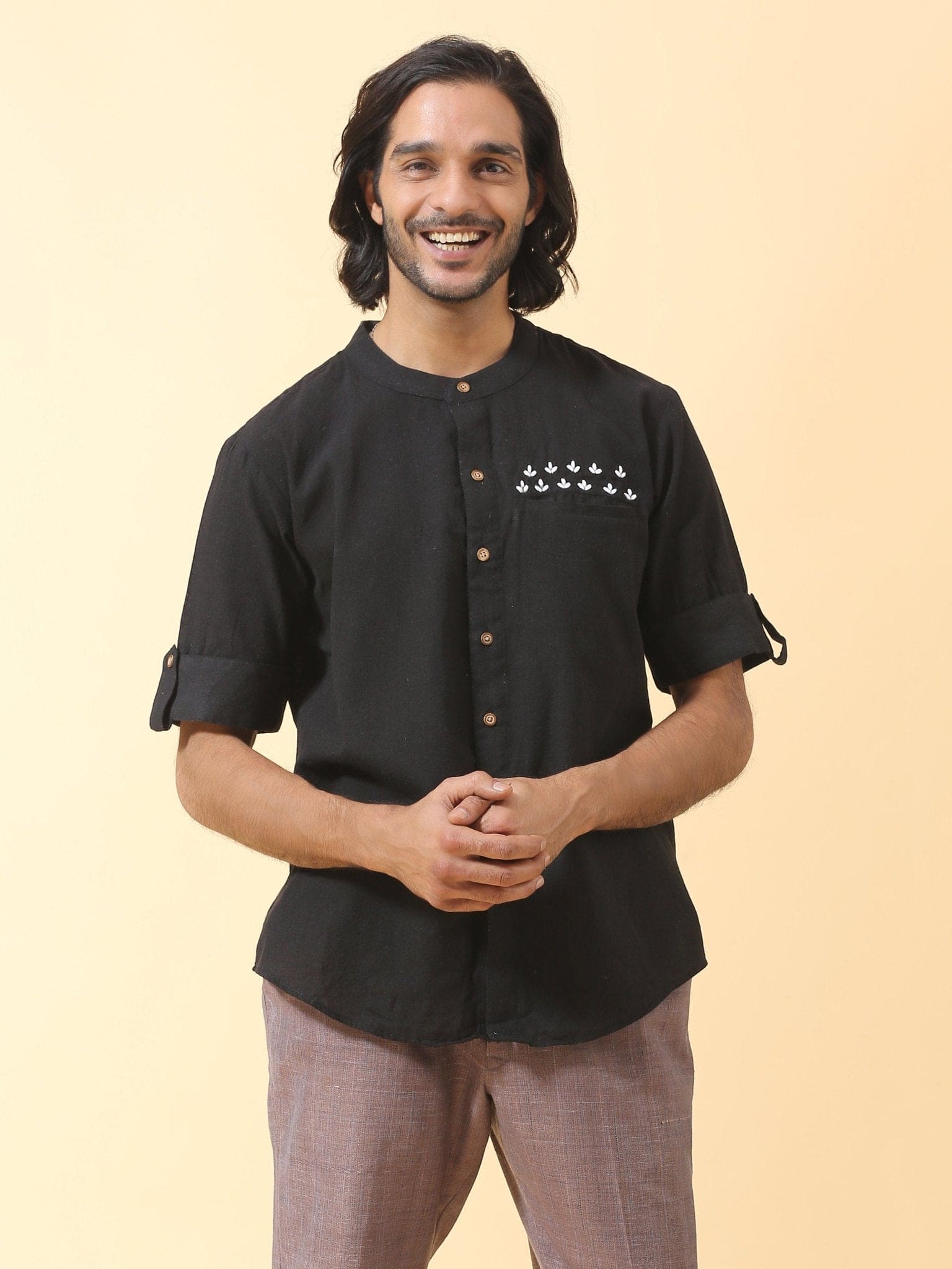 Men's Cotton Men Shirt - Black - Charkha TalesMen's Cotton Men Shirt - Black