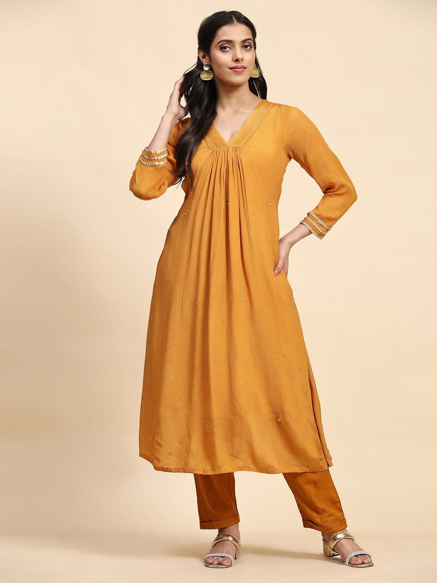 Mirror Chinon Kurta Set - Mustard Yellow - Charkha TalesMirror Chinon Kurta Set - Mustard Yellow