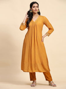 Mirror Chinon Kurta Set - Mustard Yellow