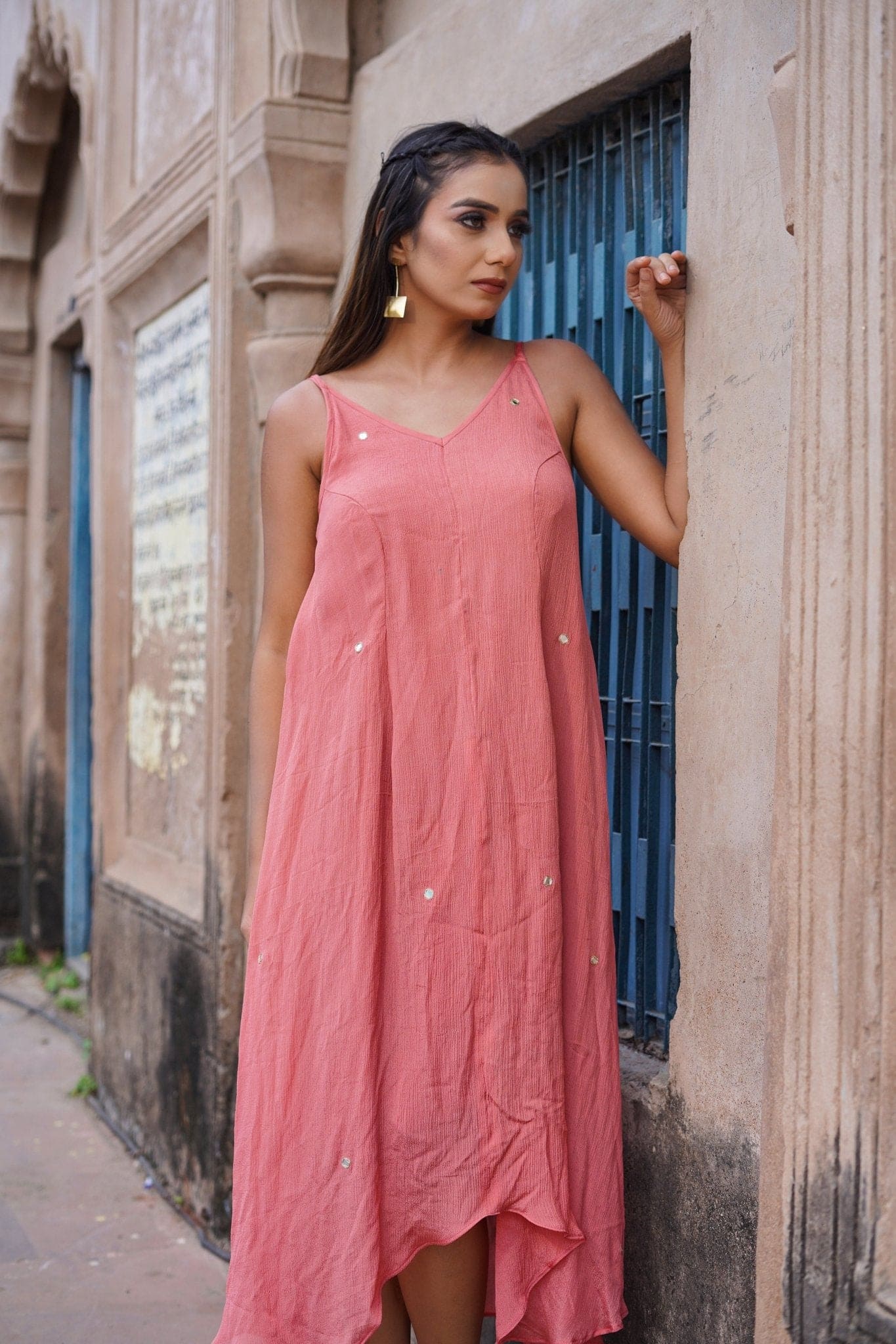 Mirror Work Chinon Dress - Pink - Charkha TalesMirror Work Chinon Dress - Pink