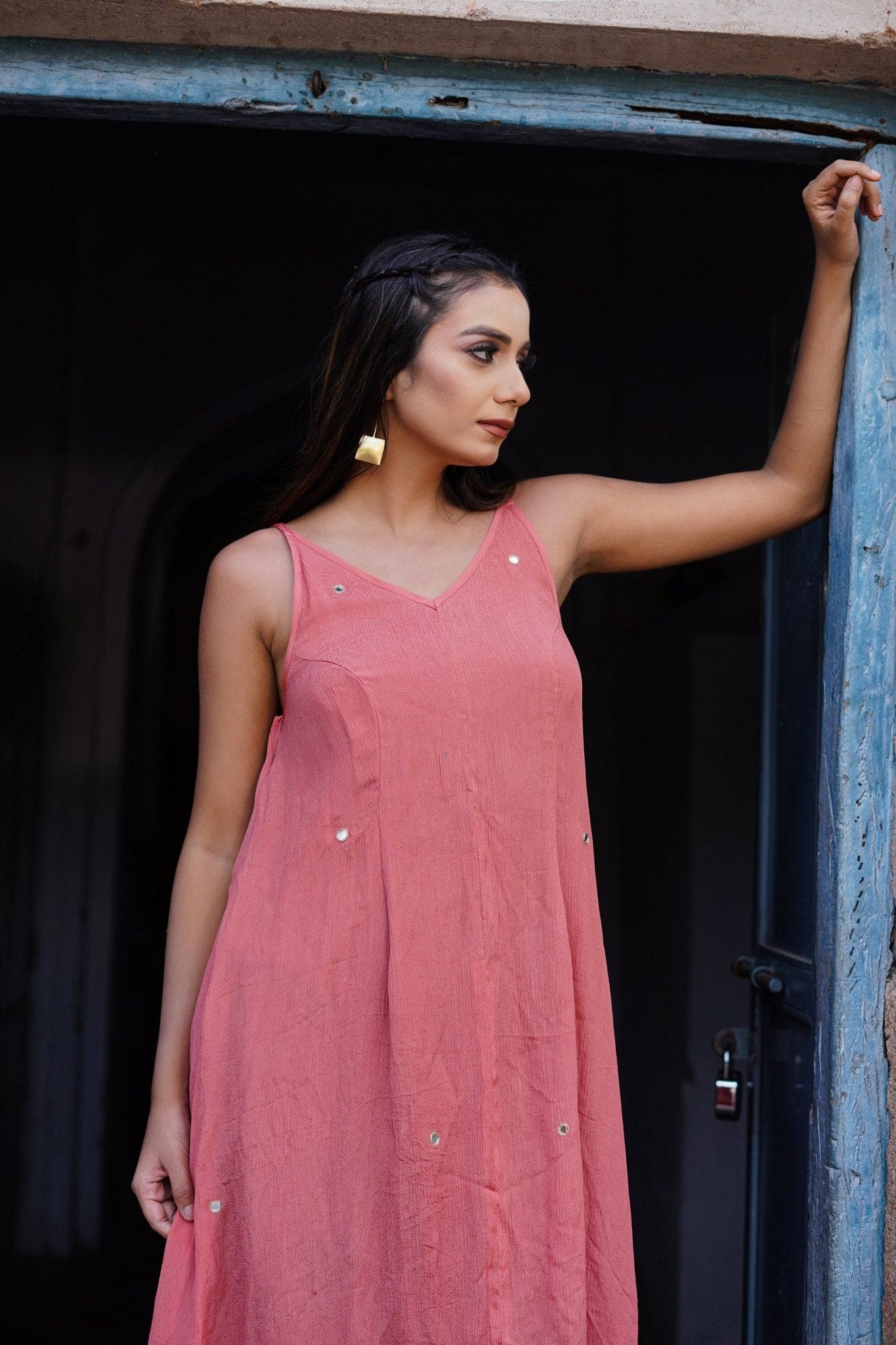 Mirror Work Chinon Dress - Pink - Charkha TalesMirror Work Chinon Dress - Pink