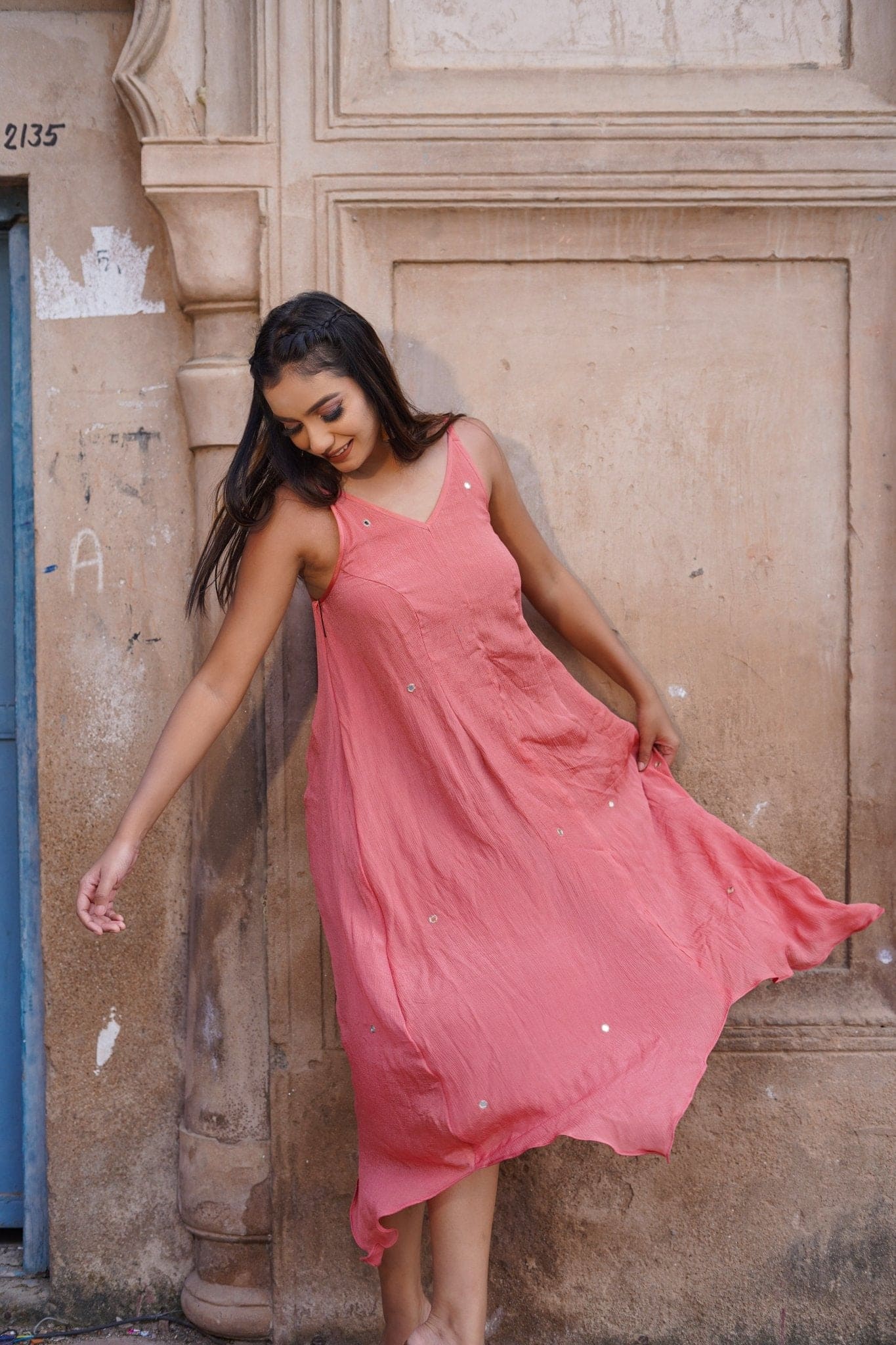 Mirror Work Chinon Dress - Pink - Charkha TalesMirror Work Chinon Dress - Pink