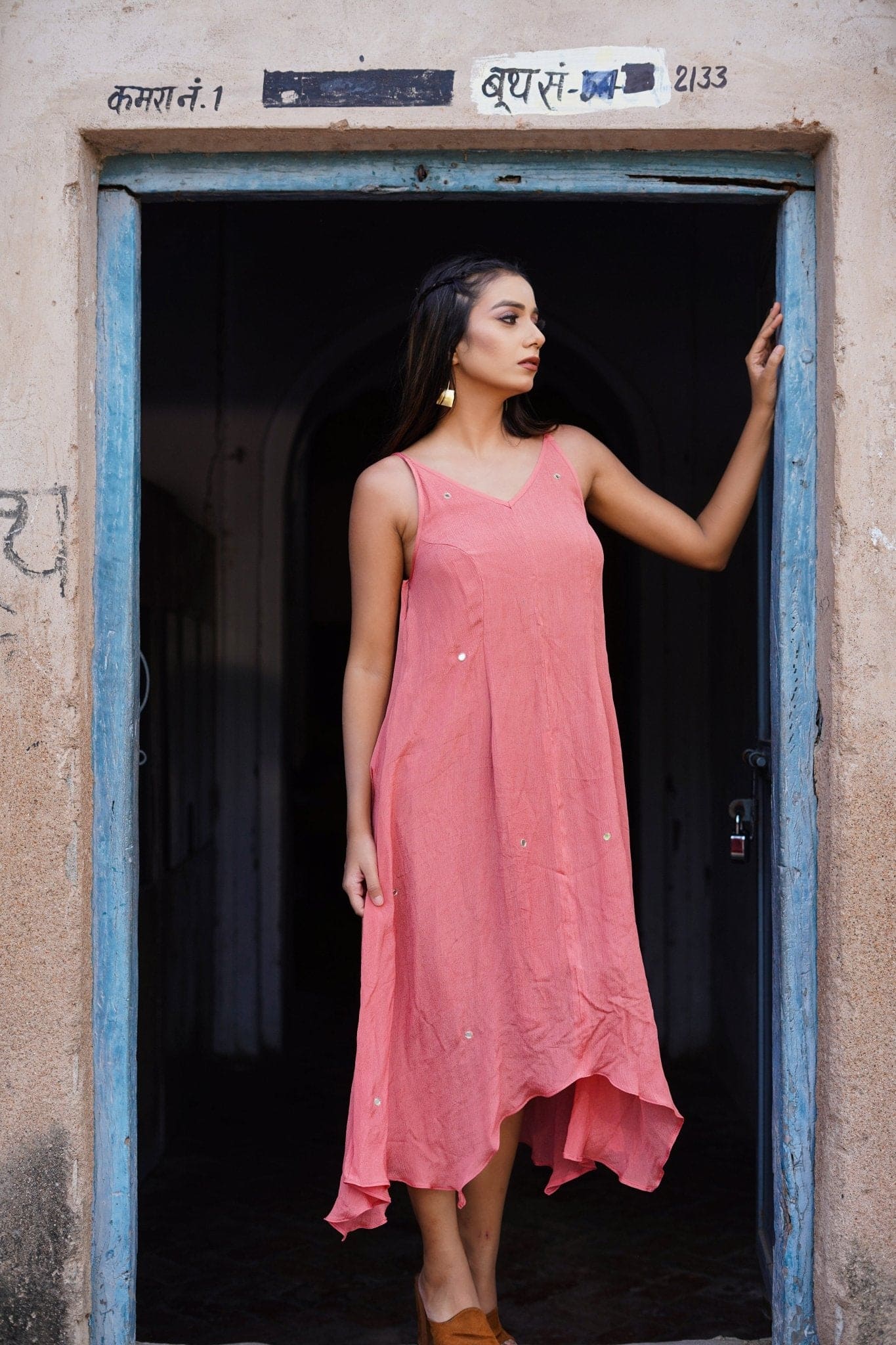 Mirror Work Chinon Dress - Pink - Charkha TalesMirror Work Chinon Dress - Pink