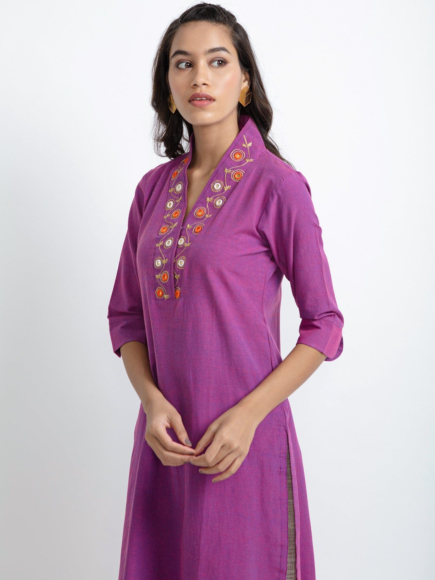 Mirror Work Cotton Kurta set - Purple - Charkha TalesMirror Work Cotton Kurta set - Purple