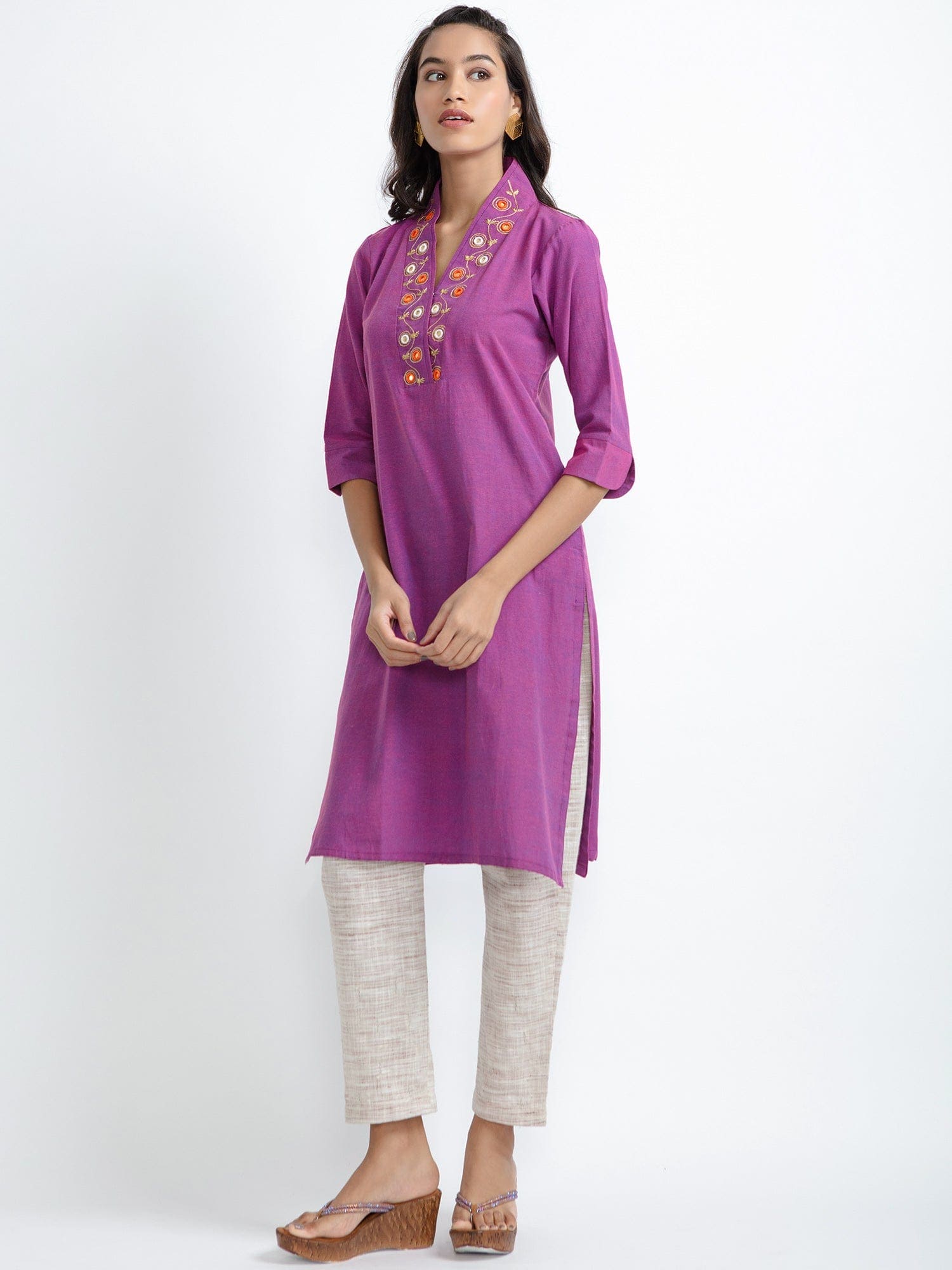 Mirror Work Cotton Kurta set - Purple - Charkha TalesMirror Work Cotton Kurta set - Purple