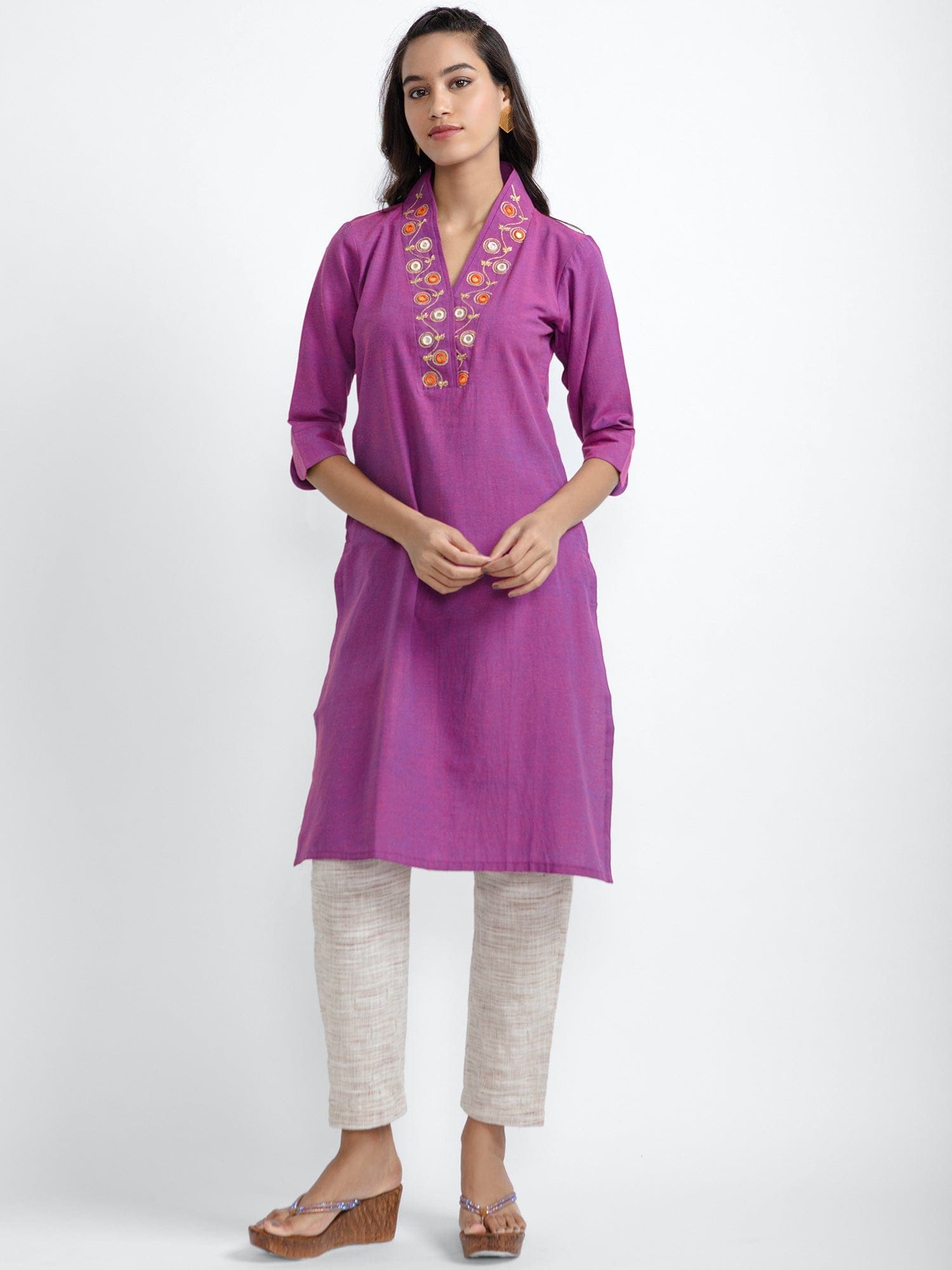 Mirror Work Cotton Kurta set - Purple - Charkha TalesMirror Work Cotton Kurta set - Purple