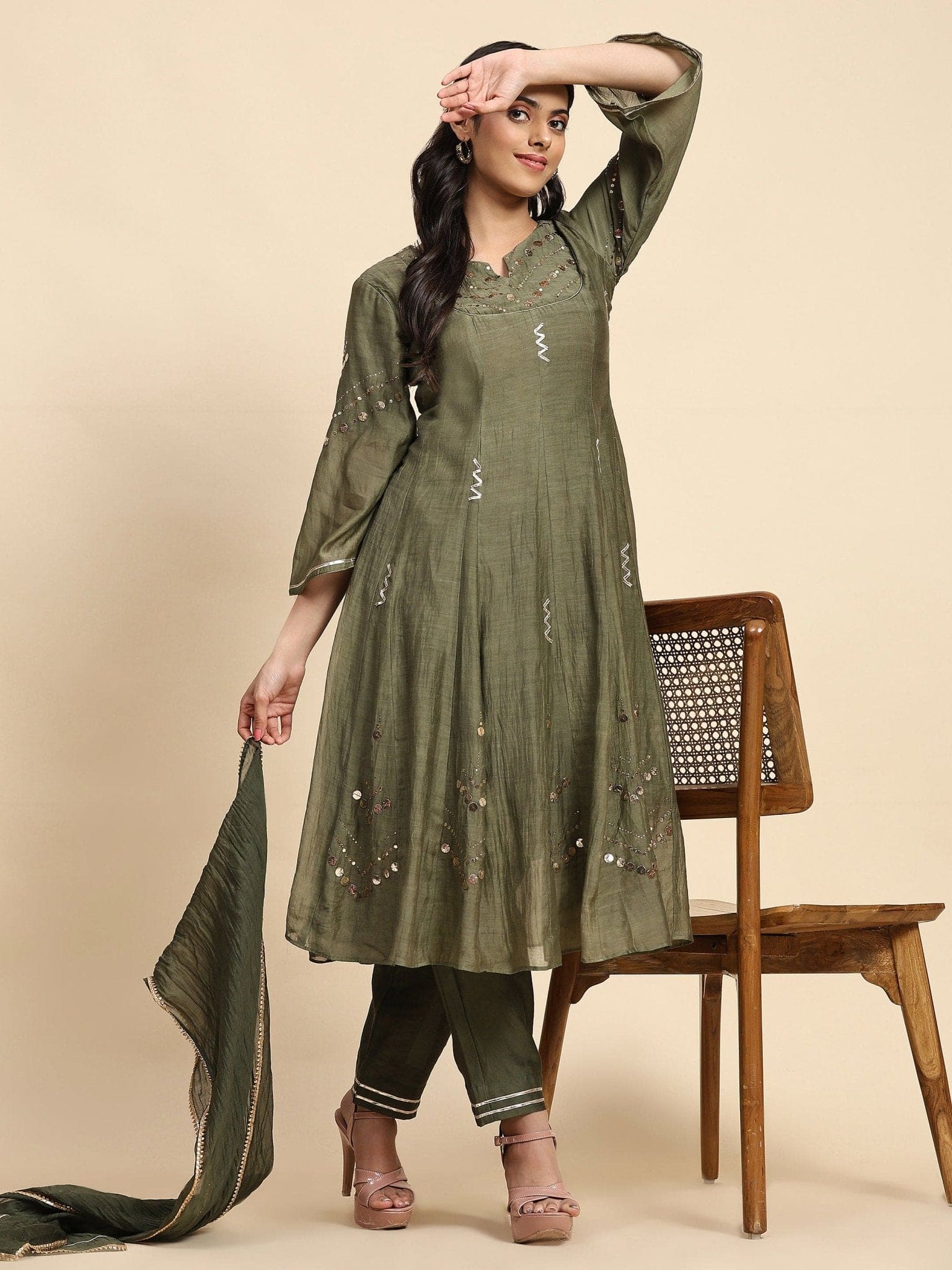 Mukaish Chanderi Anarkali Kurta Set - Olive Green - Charkha TalesMukaish Chanderi Anarkali Kurta Set - Olive Green