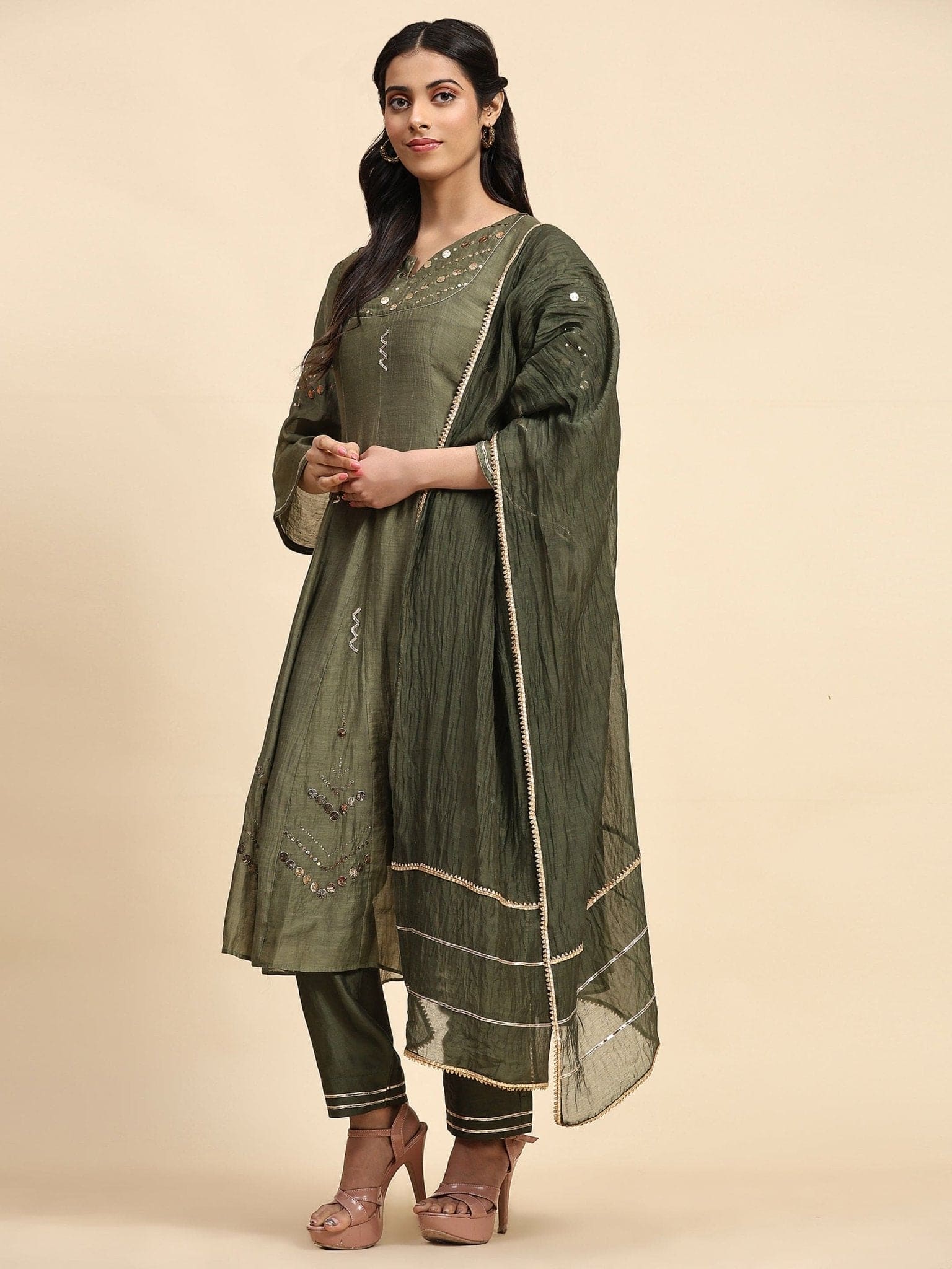 Mukaish Chanderi Anarkali Kurta Set - Olive Green - Charkha TalesMukaish Chanderi Anarkali Kurta Set - Olive Green