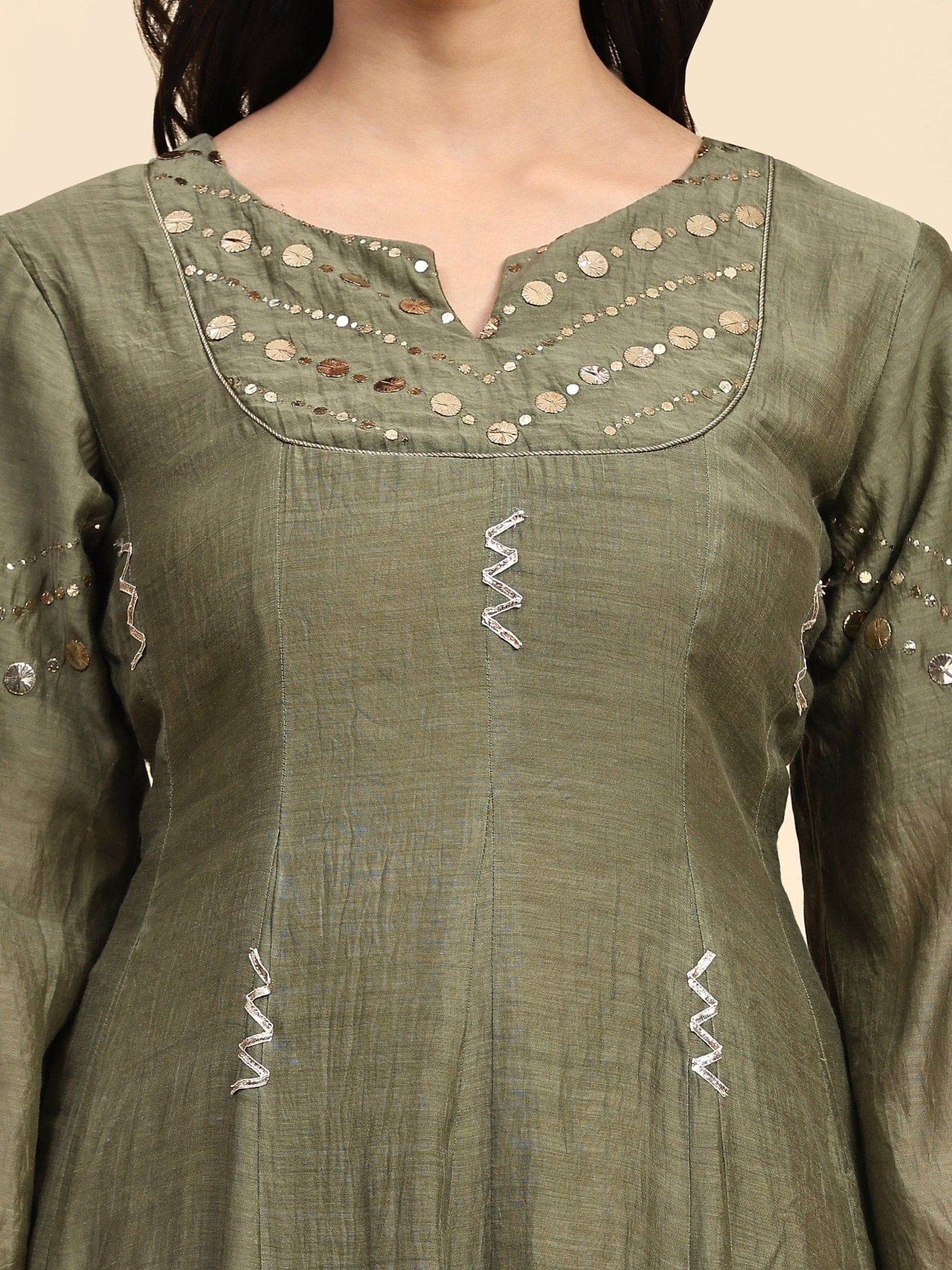 Mukaish Chanderi Anarkali Kurta Set - Olive Green - Charkha TalesMukaish Chanderi Anarkali Kurta Set - Olive Green