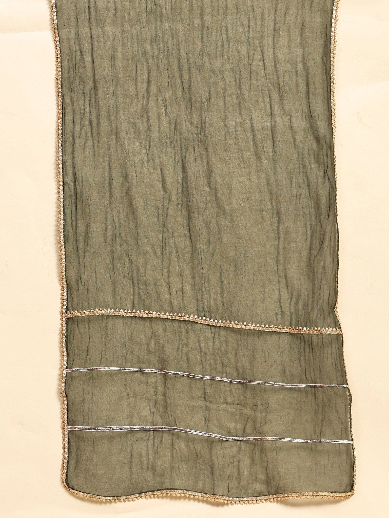 Mukaish Chanderi Anarkali Kurta Set - Olive Green - Charkha TalesMukaish Chanderi Anarkali Kurta Set - Olive Green