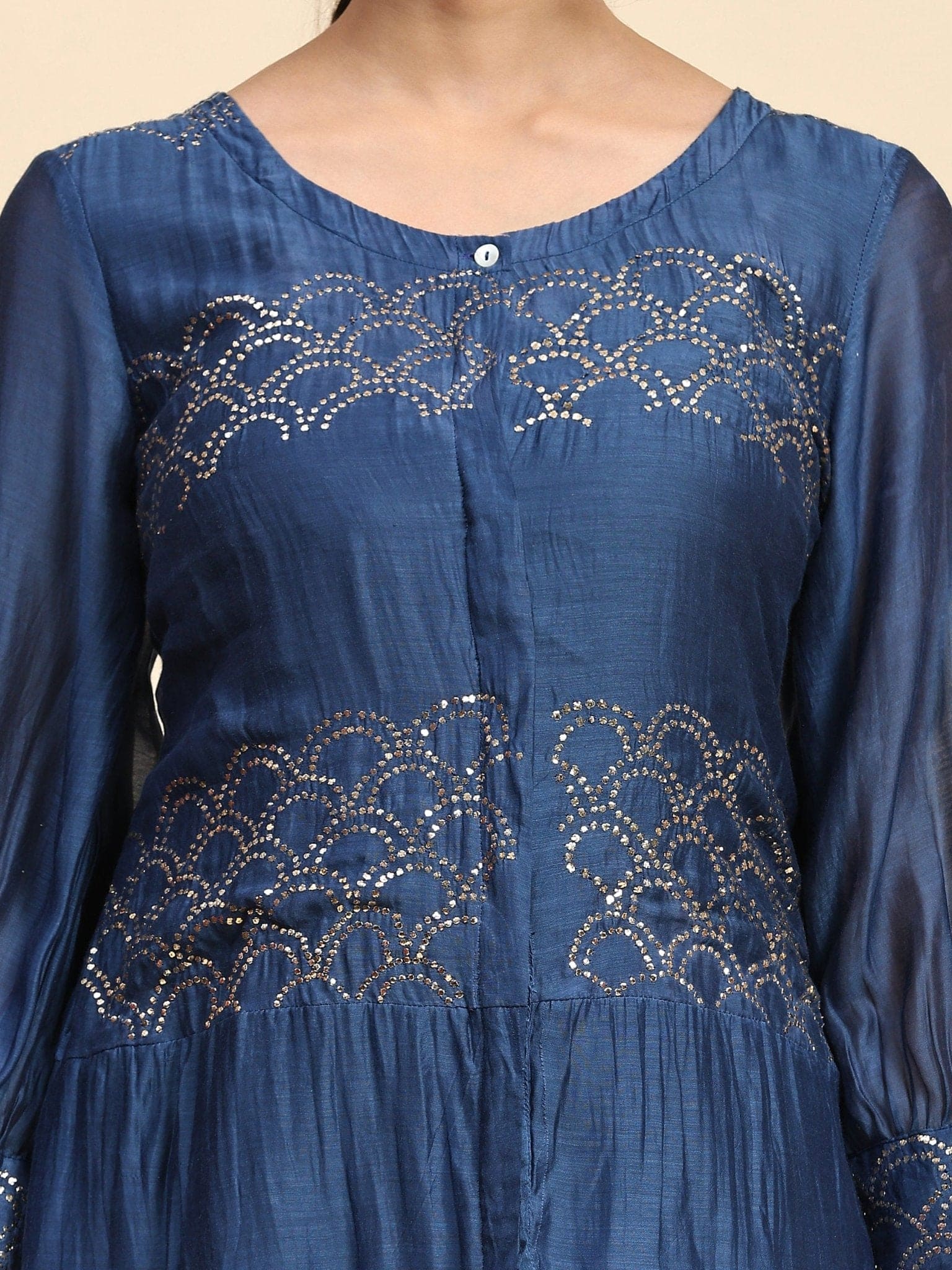 Mukaish Chanderi Dress - Blue & Pink - Charkha TalesMukaish Chanderi Dress - Blue & Pink