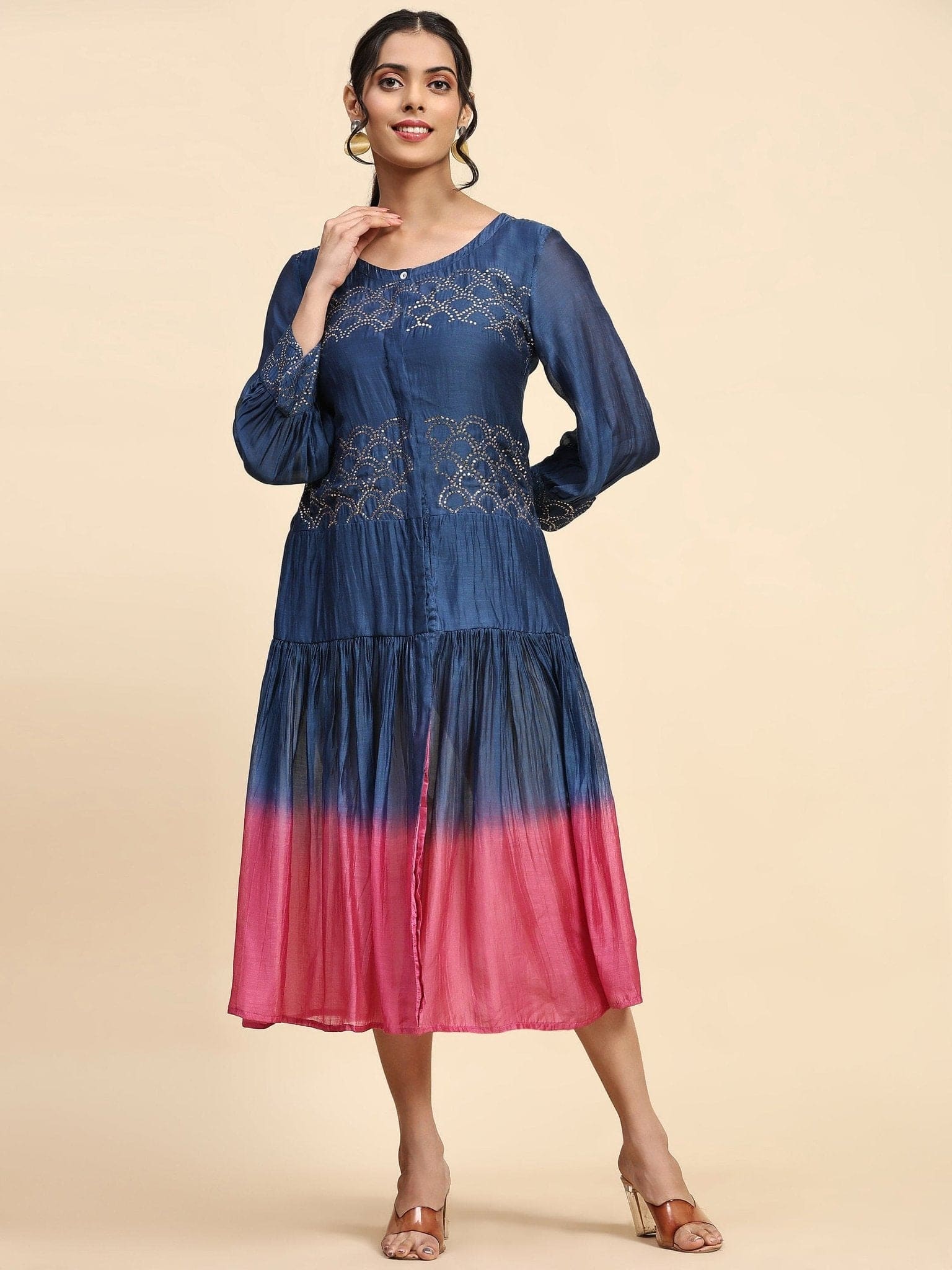 Mukaish Chanderi Dress - Blue & Pink - Charkha TalesMukaish Chanderi Dress - Blue & Pink