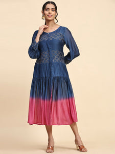 Mukaish Chanderi Dress - Blue & Pink