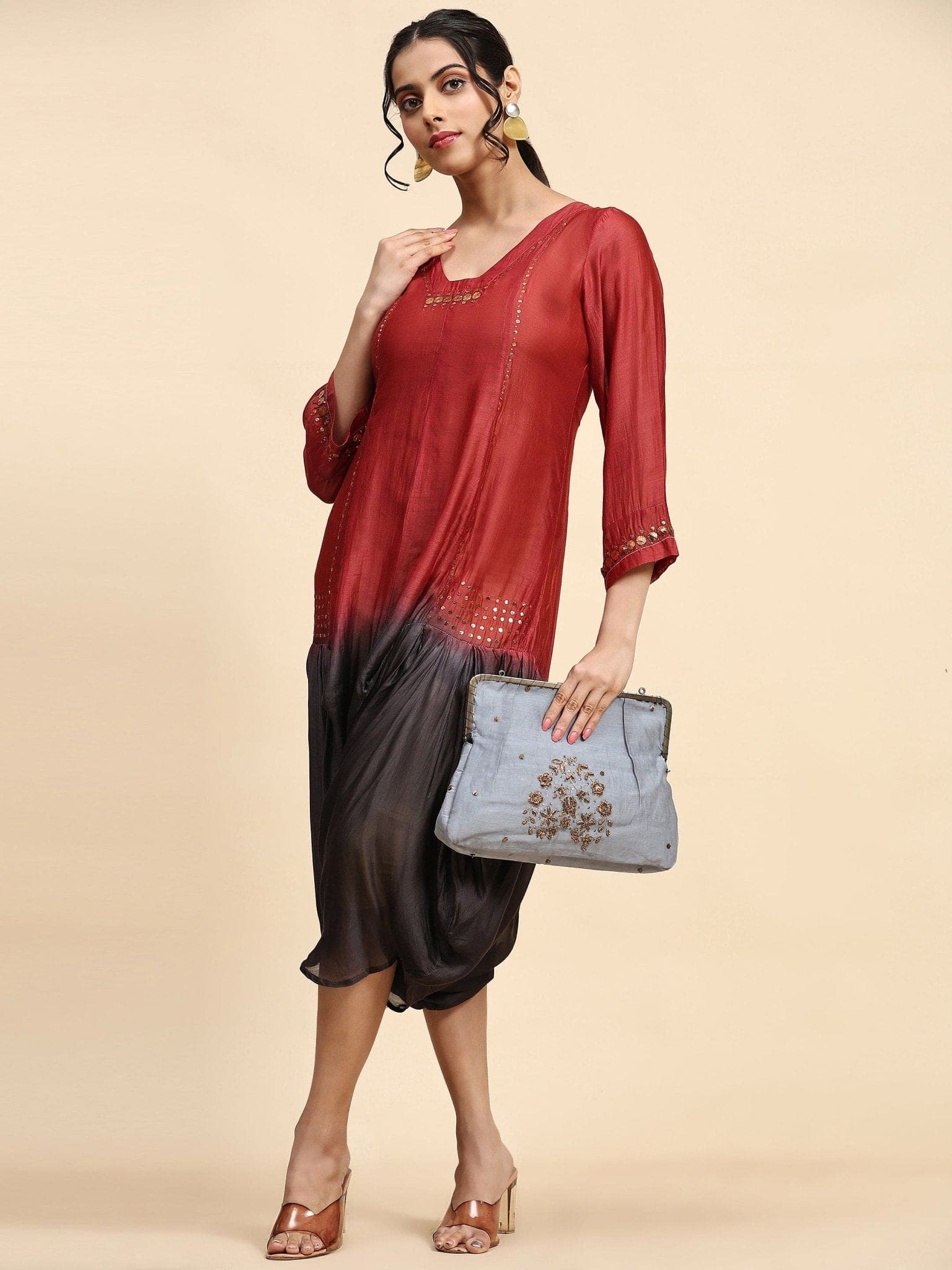 Mukaish Chanderi Dress - Red & Black - Charkha TalesMukaish Chanderi Dress - Red & Black