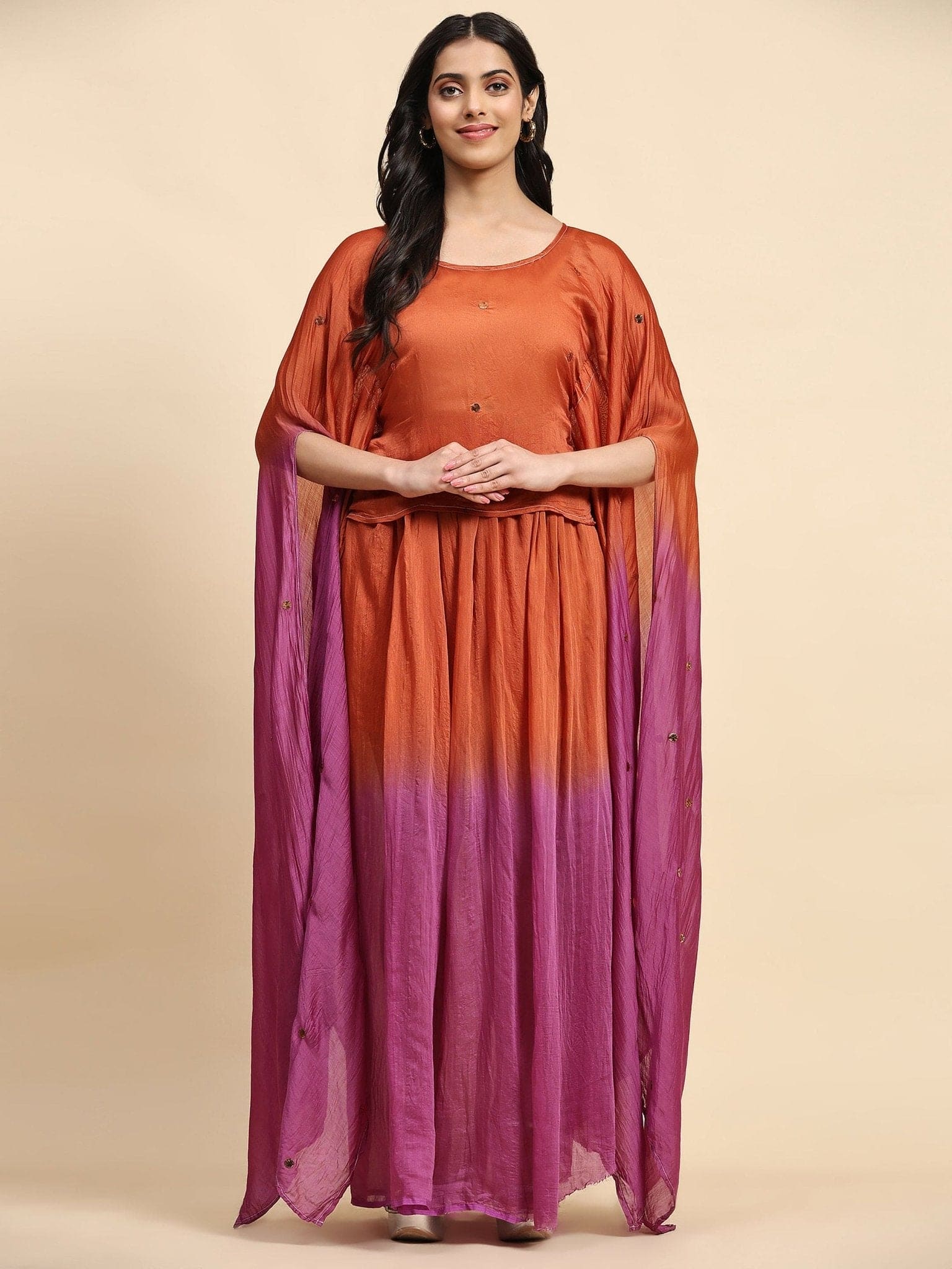 Mukaish Chanderi Dress - Rust Orange & Pink - Charkha TalesMukaish Chanderi Dress - Rust Orange & Pink