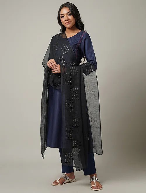 Mukaish Kota Dupatta - Black - Charkha TalesMukaish Kota Dupatta - Black