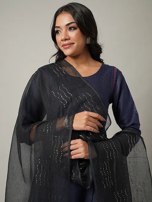 Mukaish Kota Dupatta - Black - Charkha TalesMukaish Kota Dupatta - Black