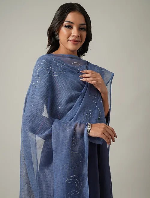 Mukaish Kota Dupatta - Blue - Charkha TalesMukaish Kota Dupatta - Blue