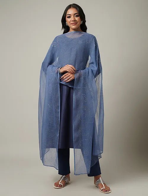 Mukaish Kota Dupatta - Blue - Charkha TalesMukaish Kota Dupatta - Blue
