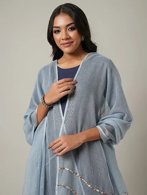 Mukaish Kota Dupatta - Blue - Charkha TalesMukaish Kota Dupatta - Blue