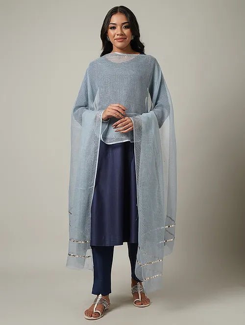 Mukaish Kota Dupatta - Blue - Charkha TalesMukaish Kota Dupatta - Blue