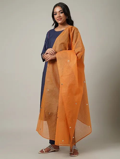 Mukaish Kota Dupatta - Orange - Charkha TalesMukaish Kota Dupatta - Orange