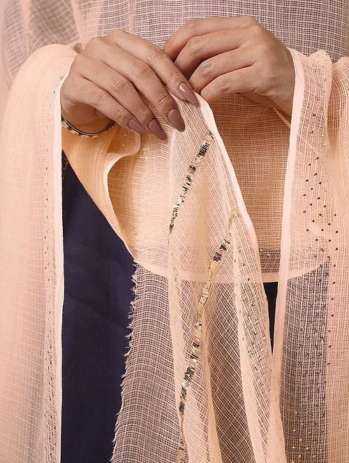 Mukaish Kota Dupatta - Peach - Charkha TalesMukaish Kota Dupatta - Peach