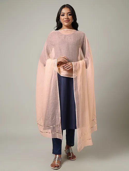 Mukaish Kota Dupatta - Peach - Charkha TalesMukaish Kota Dupatta - Peach