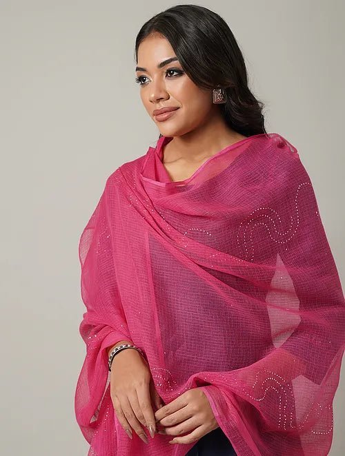 Mukaish Kota Dupatta - Pink - Charkha TalesMukaish Kota Dupatta - Pink