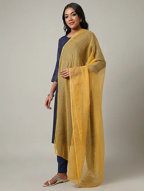 Mukaish Kota Dupatta - Yellow - Charkha TalesMukaish Kota Dupatta - Yellow