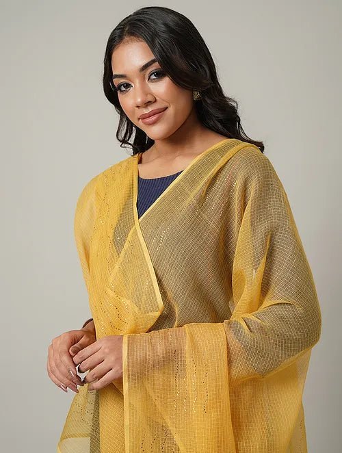 Mukaish Kota Dupatta - Yellow - Charkha TalesMukaish Kota Dupatta - Yellow