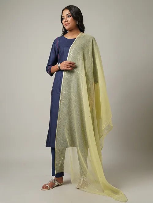 Mukaish Kota Dupatta - Yellow - Charkha TalesMukaish Kota Dupatta - Yellow