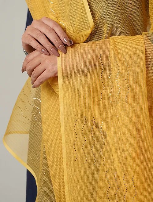 Mukaish Kota Dupatta - Yellow - Charkha TalesMukaish Kota Dupatta - Yellow