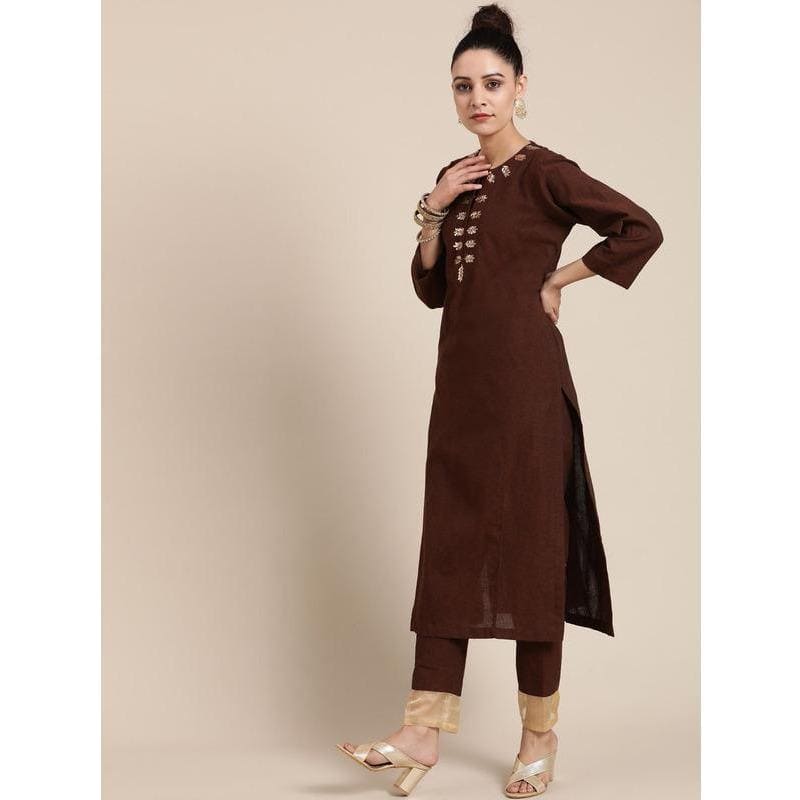 Mukaish Kurta Set - Brown - Charkha TalesMukaish Kurta Set - Brown