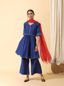 Mukaish Kurta Set - Royal Blue