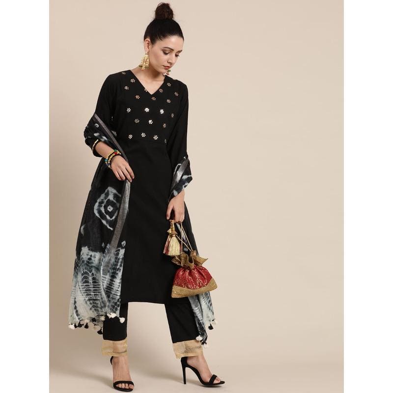 Mukaish Minimal Kurta Set - Black - Charkha TalesMukaish Minimal Kurta Set - Black