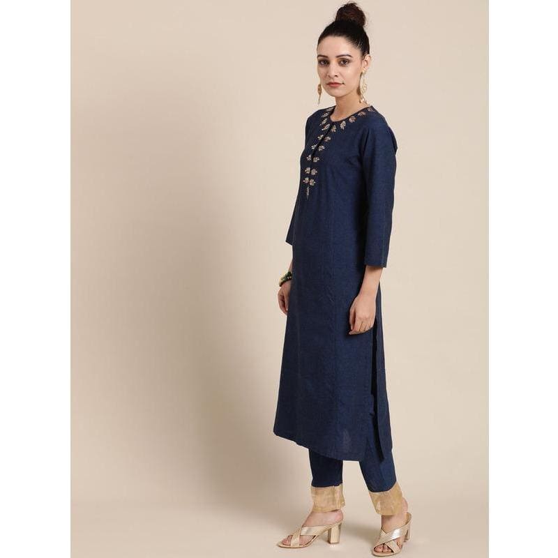 Mukaish Work Kurta Set - Blue - Charkha TalesMukaish Work Kurta Set - Blue