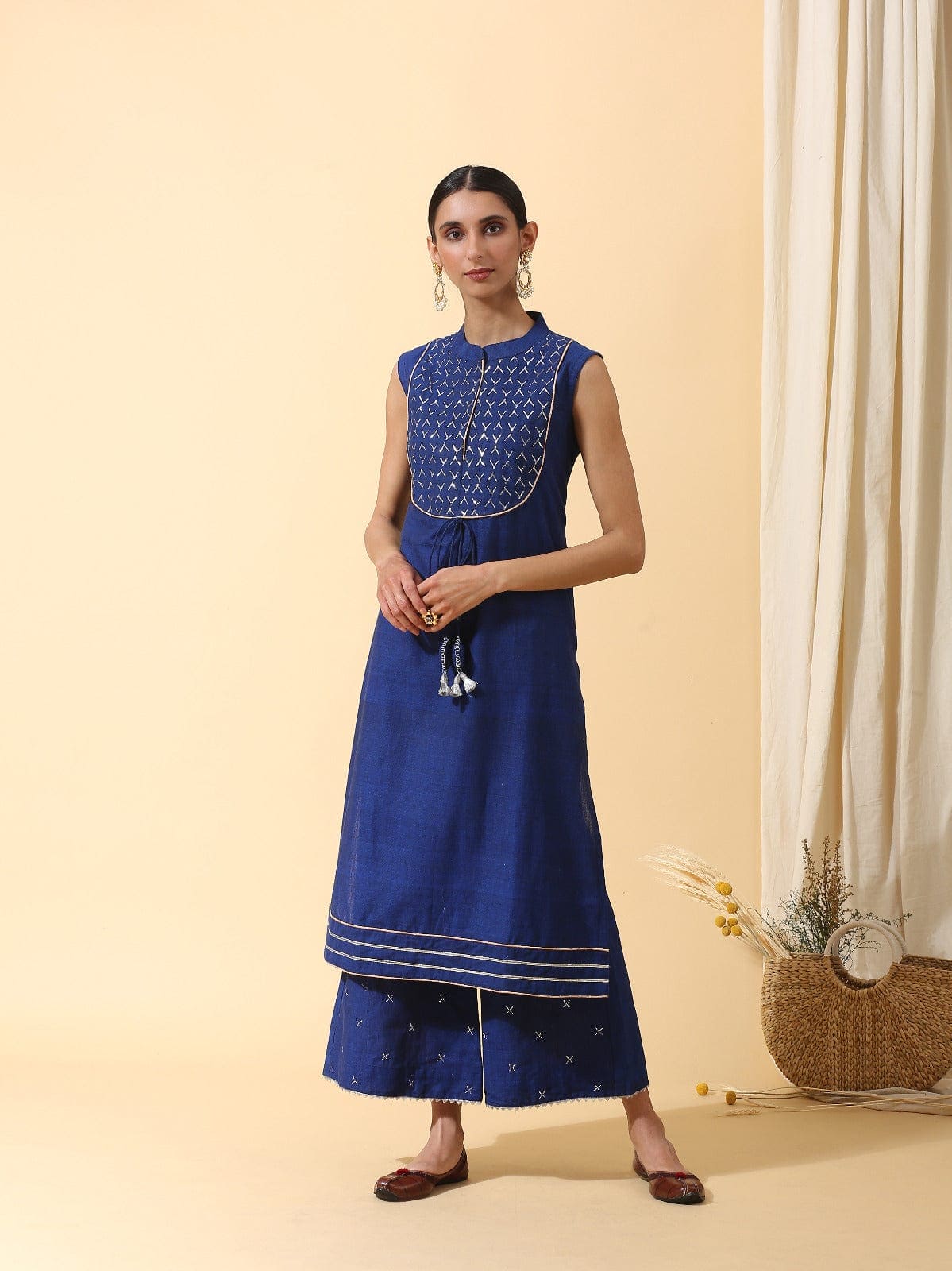Mukaish Work Kurta set - Blue - Charkha TalesMukaish Work Kurta set - Blue