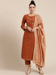 Mukaish Work Kurta Set - Rust Brown